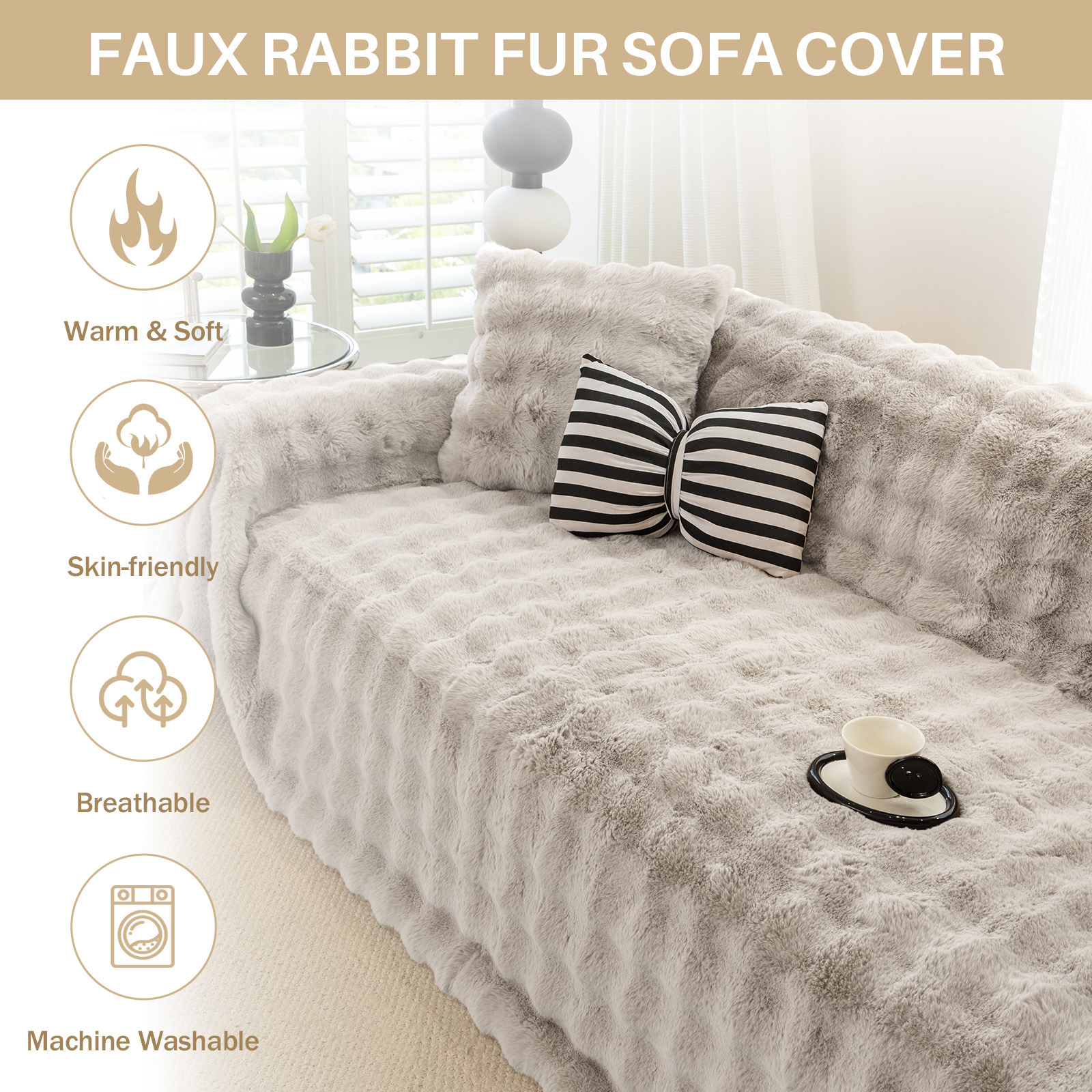 WOOW DEPOT Warm Faux Rabbit Fur Sofa Cover Machine Washable, Thick Throw Blanket L Shape Slipcover for 3 Cushion Couch, Coffee 71"x134"