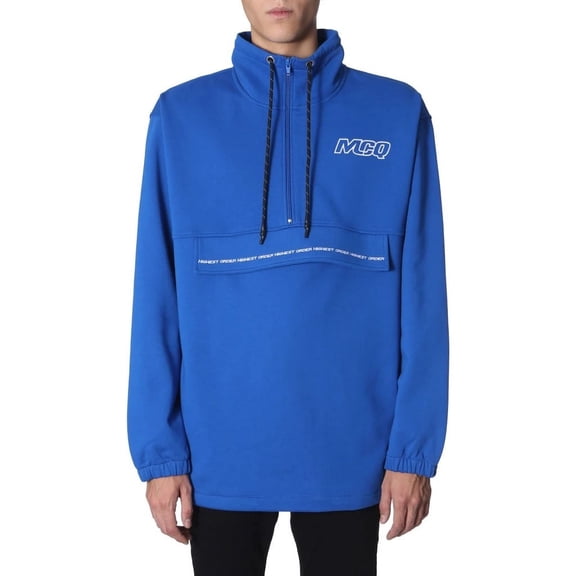 MCQ BLUE Half-Zip Drawstring Sweatshirt, US Large