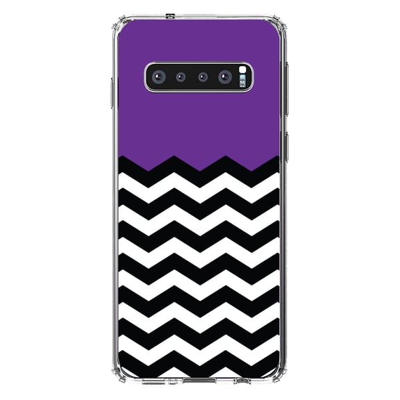 DistinctInk Clear Shockproof Hybrid Case for Samsung Galaxy S10 (6.1" Screen) - TPU Bumper, Acrylic Back, Tempered Glass Screen Protector - Black White Purple Chevron - Black & White Stripes Pattern