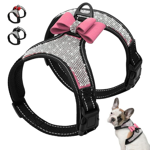 Didog Rhinestone Dog Harness - Reflective Bling Nylon Dog Vest with Sparkly Bow Tie for Small Medium Large Dogs Walking,Wedding and Party