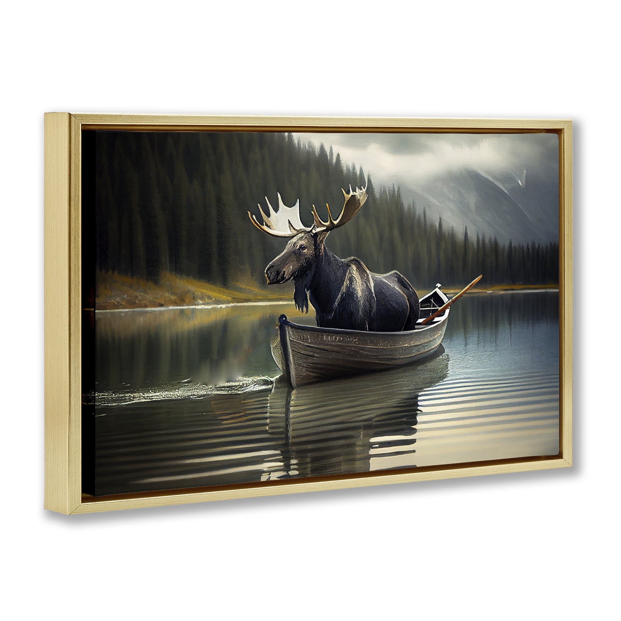 Moose in Canoe Tranquility Gold Framed Floater Canvas Wall Art, design by Sasha