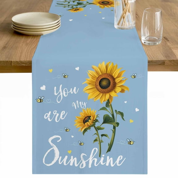 Light Blue Sunshine Sunflower Table Runner 36 Inches Long Farmhouse Dress Scarves, Pastoral Bees Farmhouse Floral Dining Tablerunner for Coffee Table/Kitchen Island/Party Décor, Small 13" x 36"