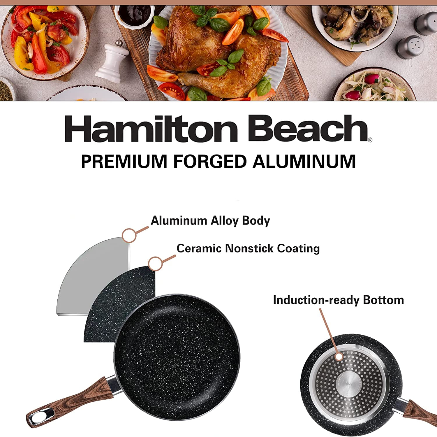 HLAFRG 12 inch Nonstick Frying Pan with Lid, Brown Marble Skillet with Stone-Derived Coating, APEO & PFOA Free, with Heat-Resistant Handle, Oven