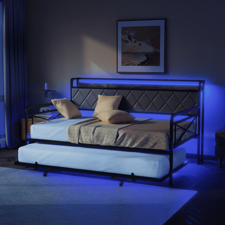 Zimtown Twin Upholstered Daybed with Trundle, Charging Station, LED photo 6
