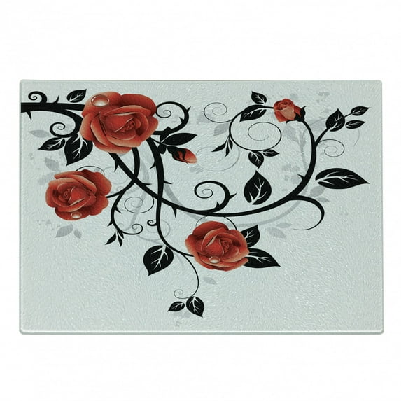 Gothic Cutting Board, Ornate Swirling Branches Roses Garden Flower Grunge Style European, Decorative Tempered Glass Cutting and Serving Board, Small Size, Vermilion Black White, by Ambesonne