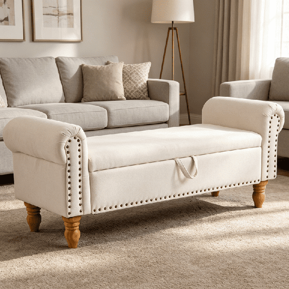 Linen Storage Ottoman Bench with Lid, Upholstered End-of-Bed Footrest, Beige