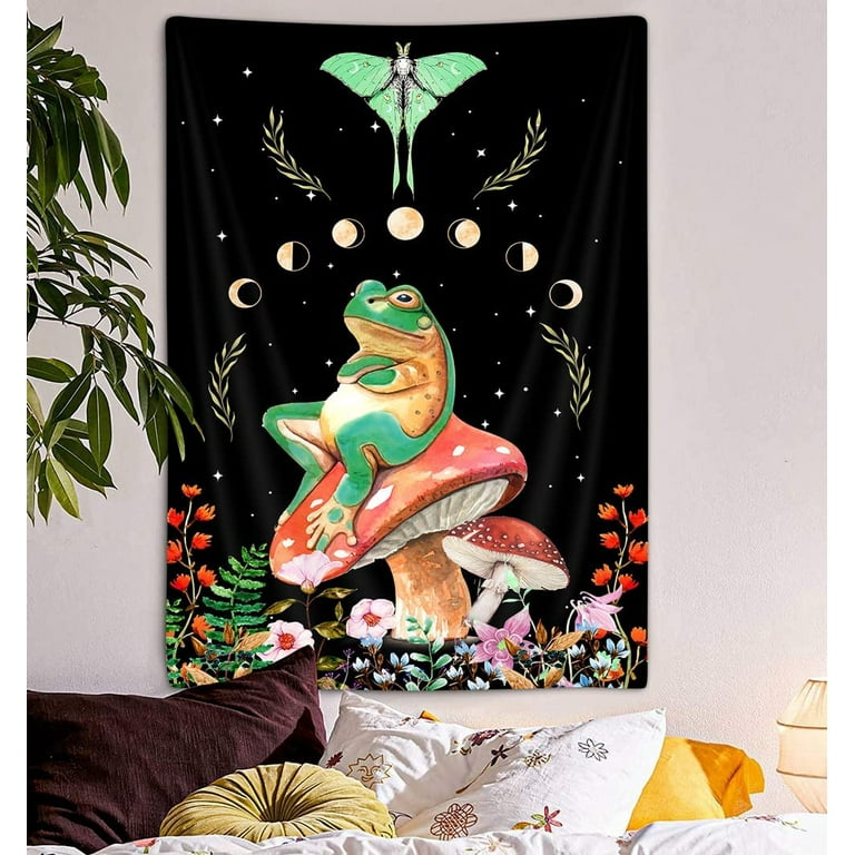 VEIGIKE Moon Phase Tapestry Mushroom Frog Butterfly Vertical Tapestries, Sun and Moon Moth Cottagecore Frog Wildflower Aesthetic Tapestry, Funny Cool Tapestry