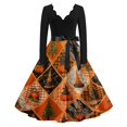 thumbnail image 2 of Halloween Dresses for Women Spider Printed Long Sleeve Classic Dresses Candy Cocktail V-Neck Horror Tea Length Dress with Belt 5XL, 2 of 7