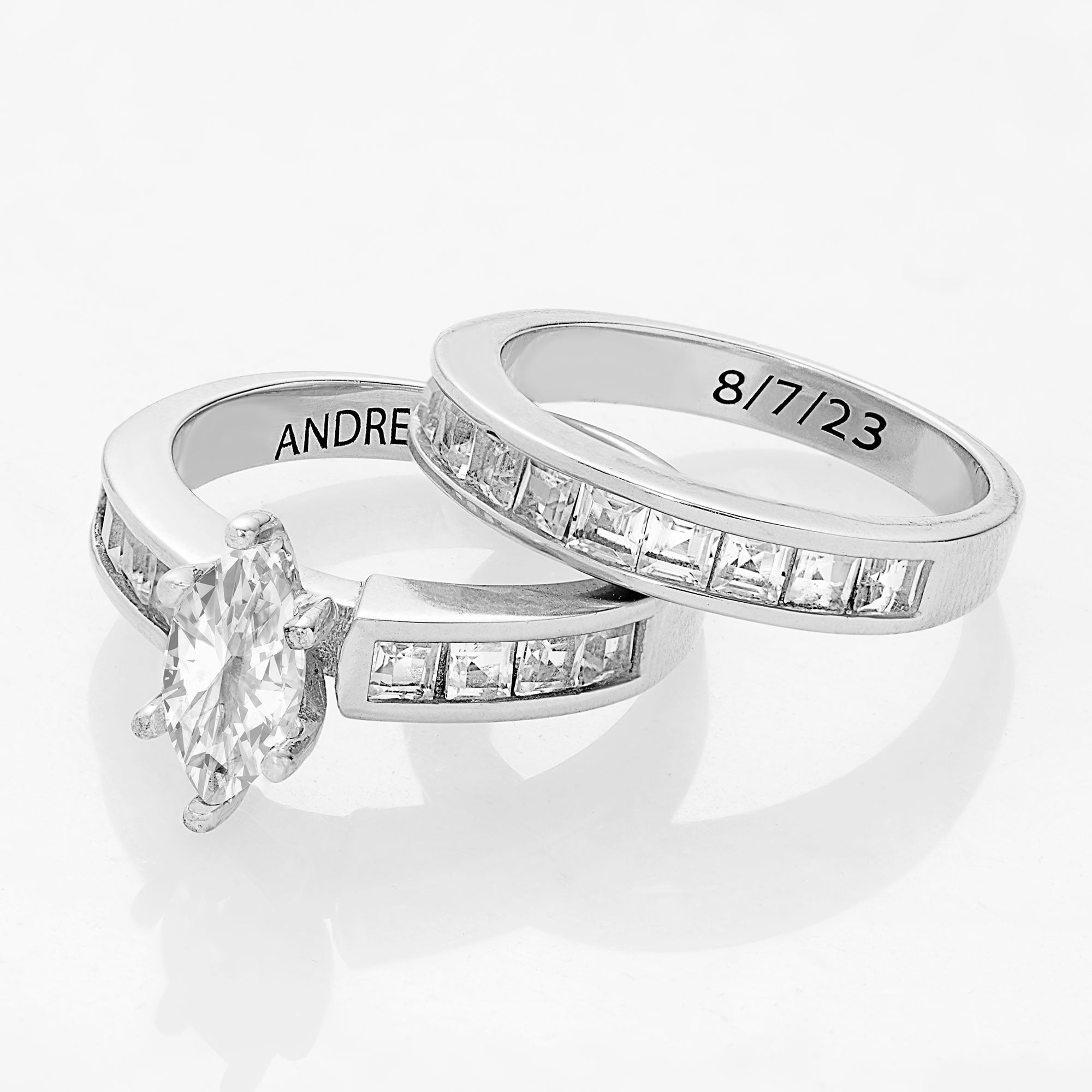 Vow & Forever Personalized Planet Bridal Platinum over Sterling Silver Marquise White Topaz 2 Piece Engraved Wedding Set ,Women's