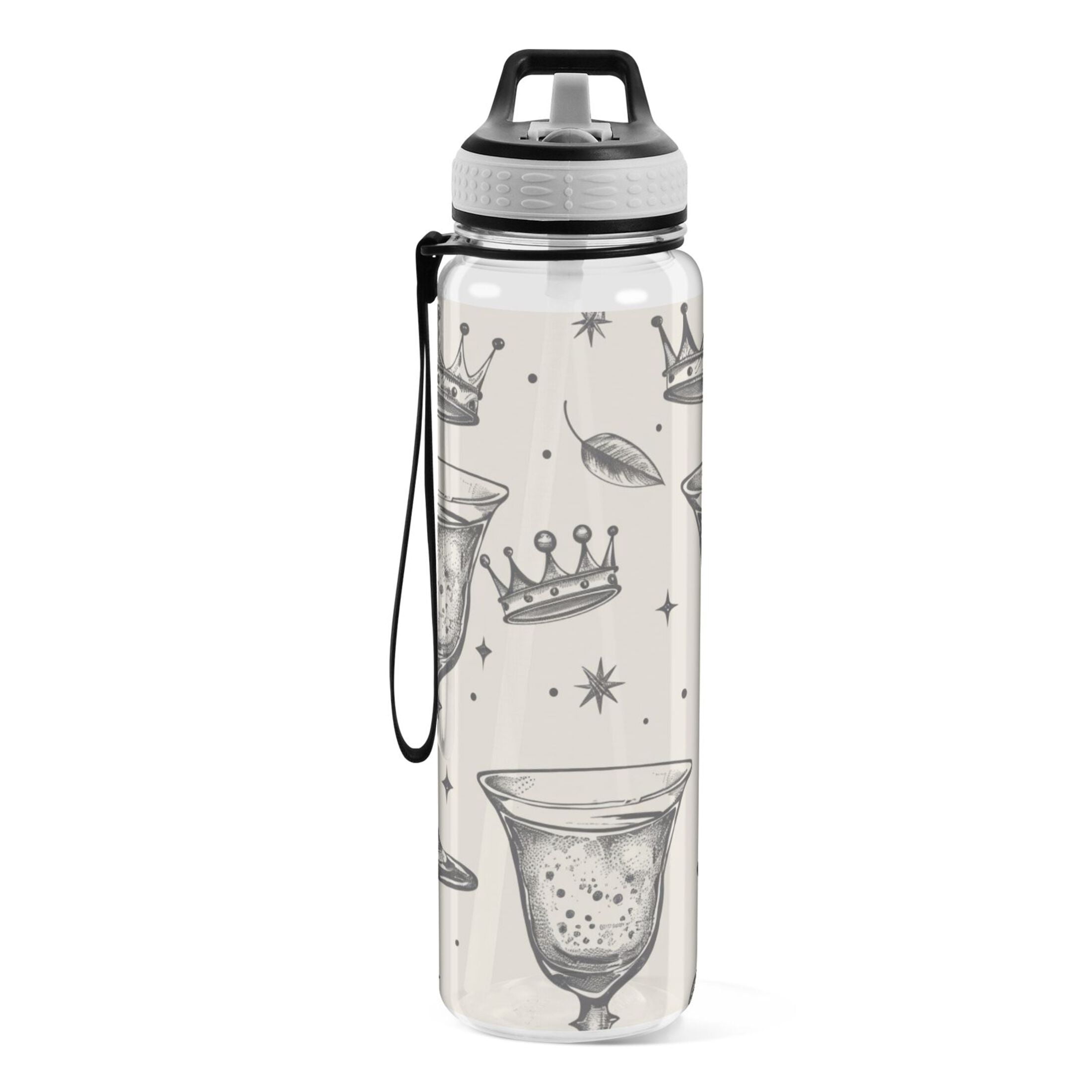 Glasses and Crowns Leaves Sports Water Bottle Portable Travel Mug 32oz BPA Free Leak Proof Straw Transparent Tritan for Gym Yoga Cycling Camping