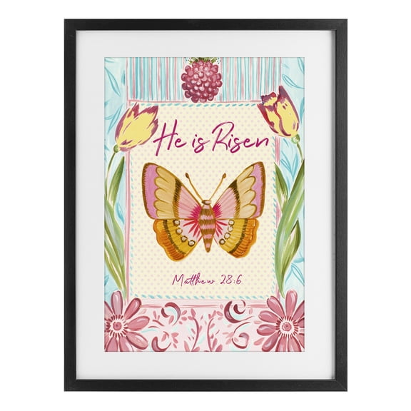 Stupell Industries French Country He Is Risen with Butterfly Black Framed Print Under Glass, 14 x 20, by Ani Del Sol