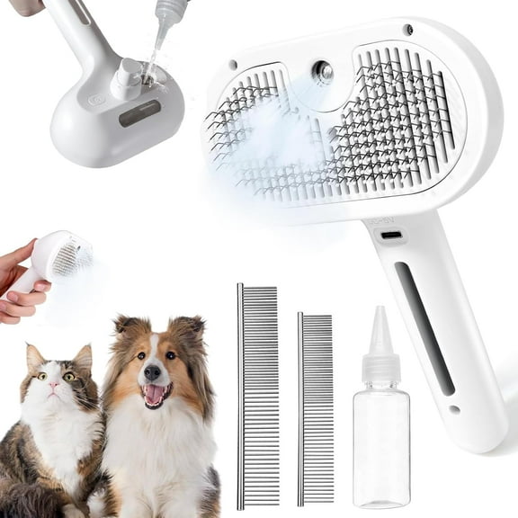 Cat Steam Brush, Pet Spray Comb Steaming Brush for Pets Remove Static Flying Hair Pet Grooming Brush Self Cleaning Pet Brush Suitable for Long and Short Hair Dogs Cats Rechargeable White