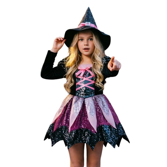 Gunia Girls Witch Tutu Dress Outfits Halloween Costume Cosplay Dress Role Play For Toddler Kids Holiday Party Dress Up Play,Size 4-16 Years