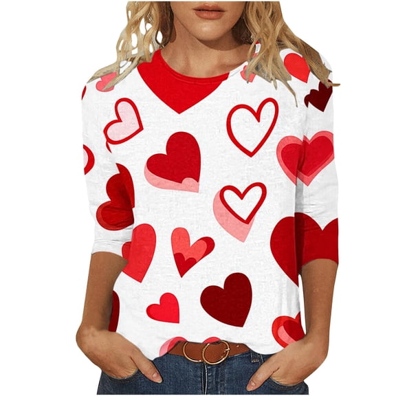 GA WEIHUA Reduced,2025 Valentine's Day Shirts Women Comfy 3/4 Sleeve T Shirts Cute Love Heart Graphic Tees Blouses(White,L)