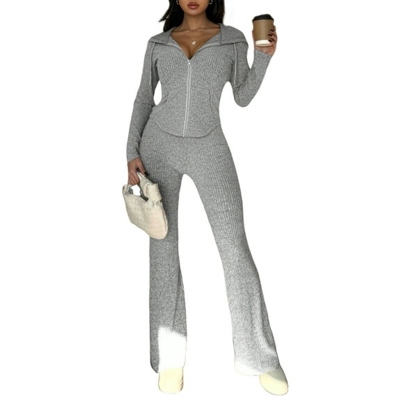 Women Two Piece Outfit Long Sleeve V Neck Top and Flare Pants Casual Lounge Sets Tracksuit Light Gray L