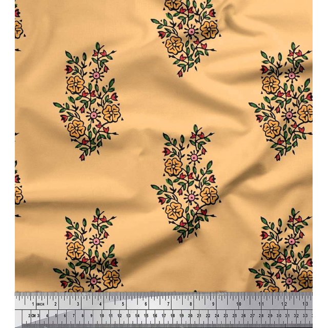Soimoi Polyester Crepe Fabric Leaves & Floral Block Decor Fabric Printed Yard 52 Inch Wide
