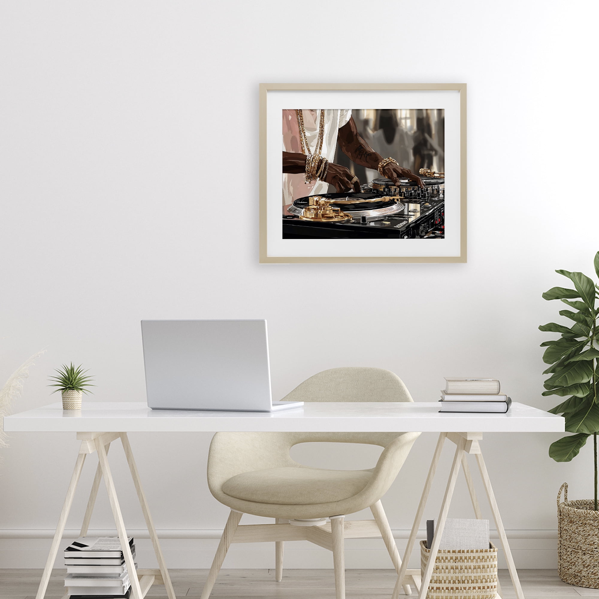 Stupell Industries Golden Sound DJ Turntables Birch Framed Print Under Glass, design by Franklyn Gregory