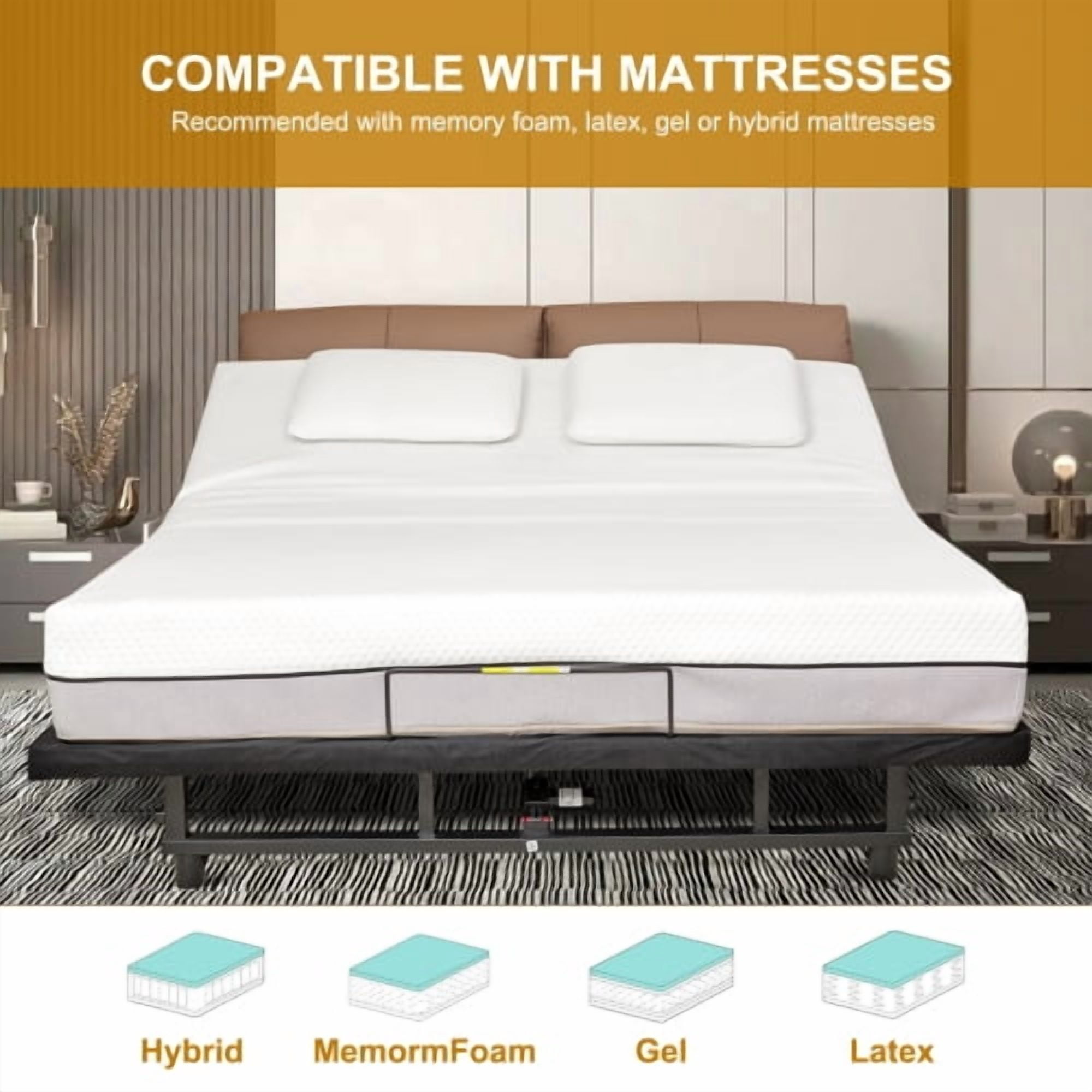 Euroco Adjustable Bed Base Frame, Queen Bed with Head and Foot Incline, Bed Frame with Wireless Remote Control and USB Ports, LED Light, Zero Gravity Quiet Motor, Black
