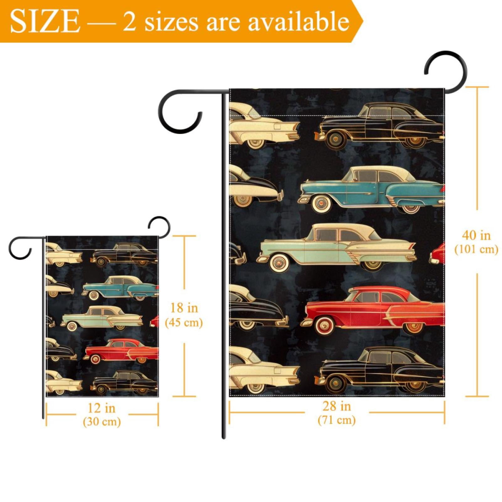 Vintage Cars on Black Background Double Sided Garden Flag Decorative Weather Resistant Yard Flag, Large DIY Vertical Flag for Farmhouse Patio Lawn, 28x40 Inch