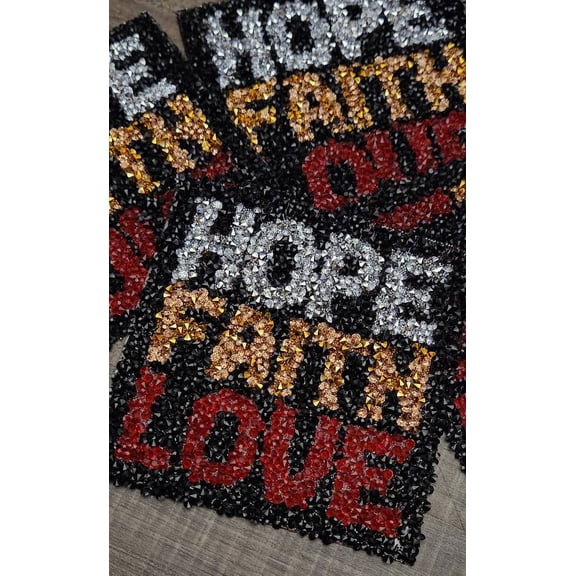 1-pc, Blk/Red/Gold/Silver Bling "Hope, Faith, Love" Rhinestone Patch, Iron-on Applique, Rhinestone Applique, Sz 5", DIY Crafts