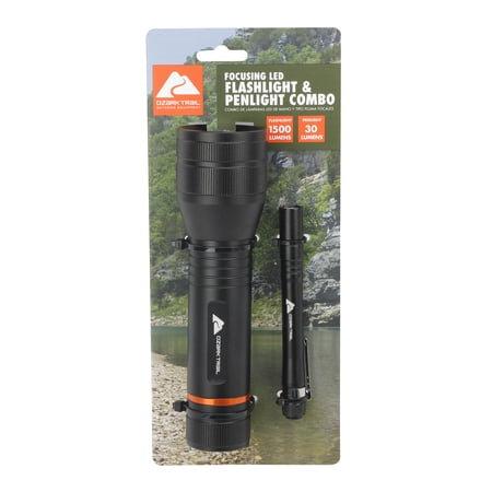 OZARK TRAIL 1500 LUMEN FOCUSING FLASHLIGHT WITH BONUS PENLIGHT, WATERPROOF, BLACK
