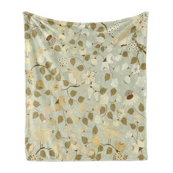 Floral Soft Flannel Fleece Throw Blanket, Vintage Retro Swirls Ivy Flowers Birds of Romantic Era, Cozy Plush for Indoor and Outdoor Use, 60" x 80", Pistachio Green White, by Ambesonne