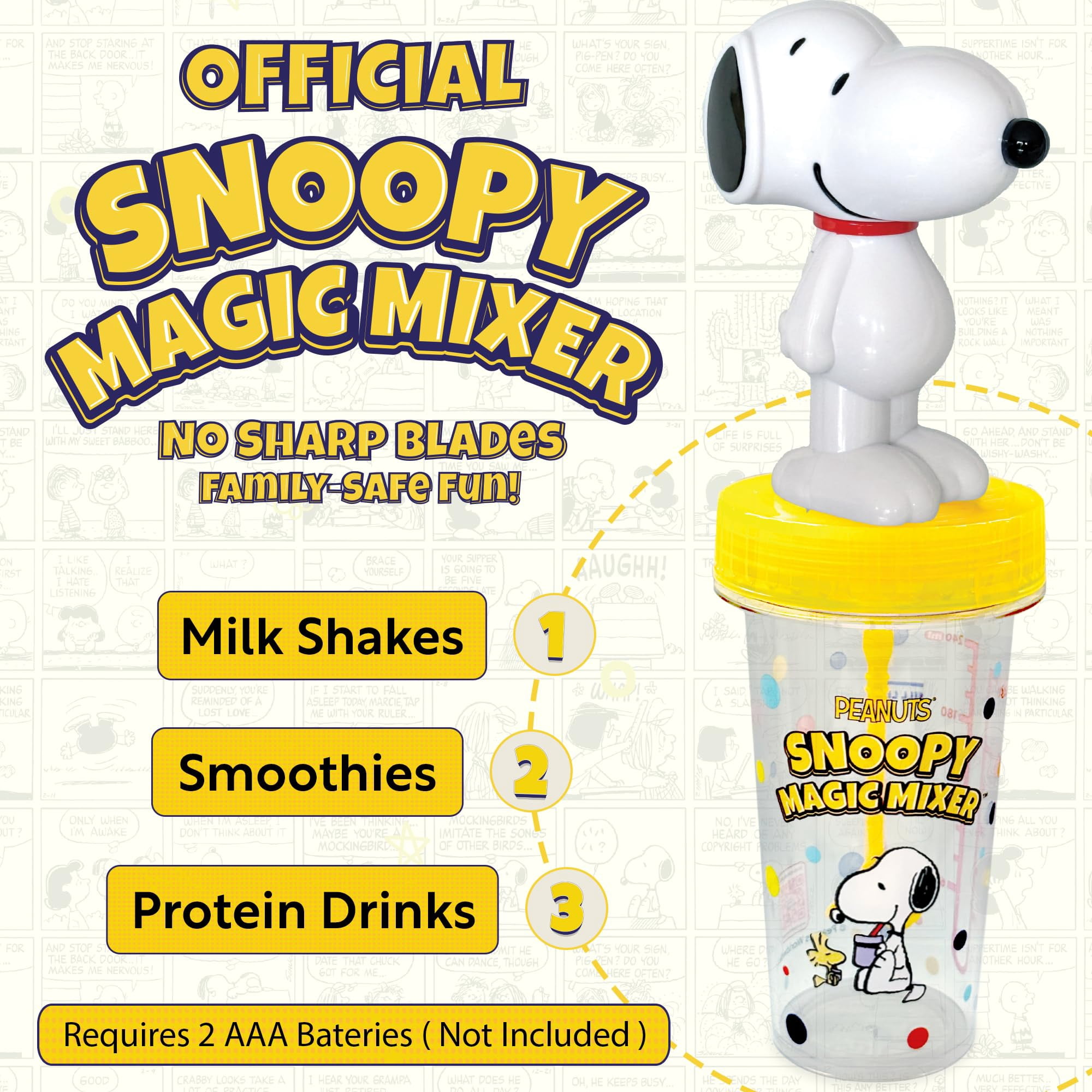 Peanuts Snoopy Magic Mixer® - Official Birthday Gift for Kids Ages 3-10 | Bladeless, Auto-Start, Hands-Free | Safe, Quiet, BPA-Free | Makes Chocolate Milk and Pudding.