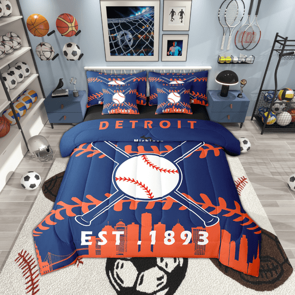 7 Pcs Comforter Set Queen Size,Baseball City Bed in a Bag with Flat Sheet and Fitted Sheet and Adults,Sports Bedding Set with Pillowcase and Sham(Detroit)