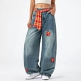 thumbnail image 2 of Flared Barrel Jeans for Women – Mid Rise Heart Print Washed Denim, Loose Fit Wide Leg Ankle Pants, Vintage Baggy Boyfriend Casual Trousers, 2 of 4