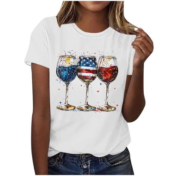 4th of July Outfits for Women Patriotic T Shirts with Wine Glasses Short Sleeve Round Neck Tops Graphic Summer Tees Independence Day Shirt