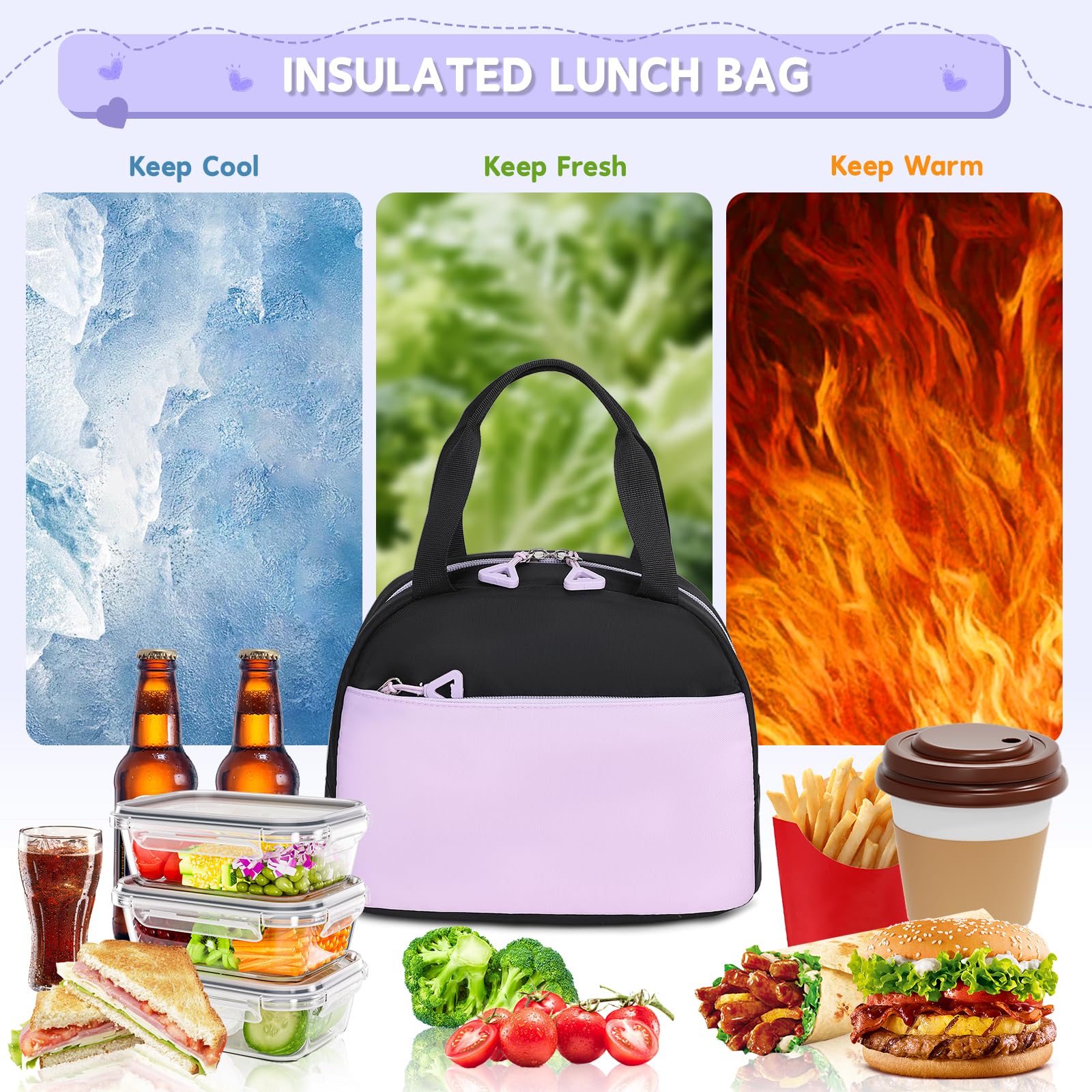 Set de 3 mochilas para niñas con lonchera y cartuchera, mochilas para primaria y secundaria, linda kawaii de gran capacidad con tira reflectante, negro y morado 7