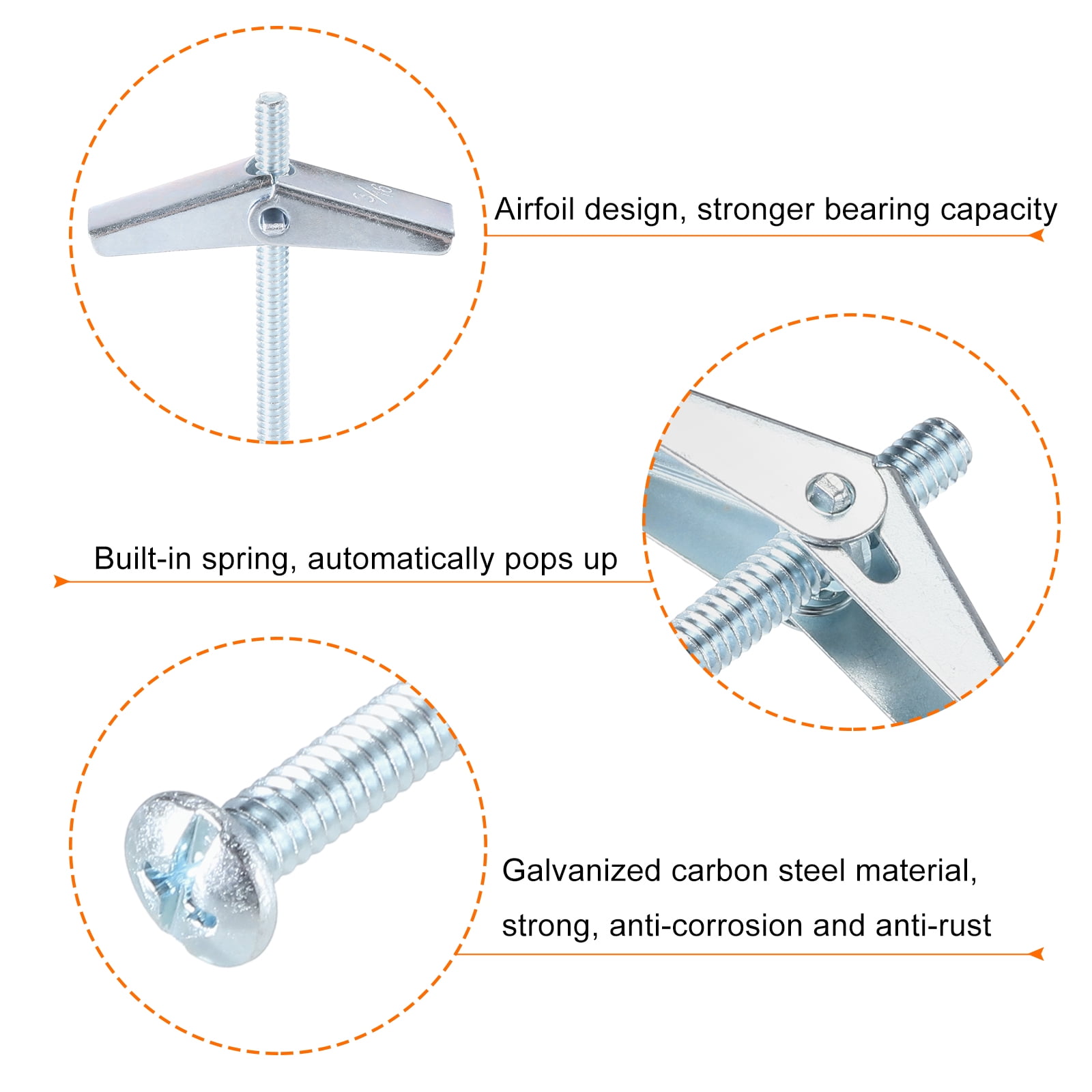 Uxcell 20Pack Spring Toggle Bolt Anchors, 1/4"x3" Butterfly Anchors Carbon Steel Round Head Toggle Bolt