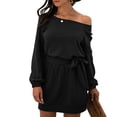 thumbnail image 3 of Vestido tipo sudadera con hombros descubiertos, jersey de manga larga para mujer, vestido con cuello barco y hombros descubiertos, vestido tipo suéter corto con lazo en la cintura, artesanía superior, 3 of 6