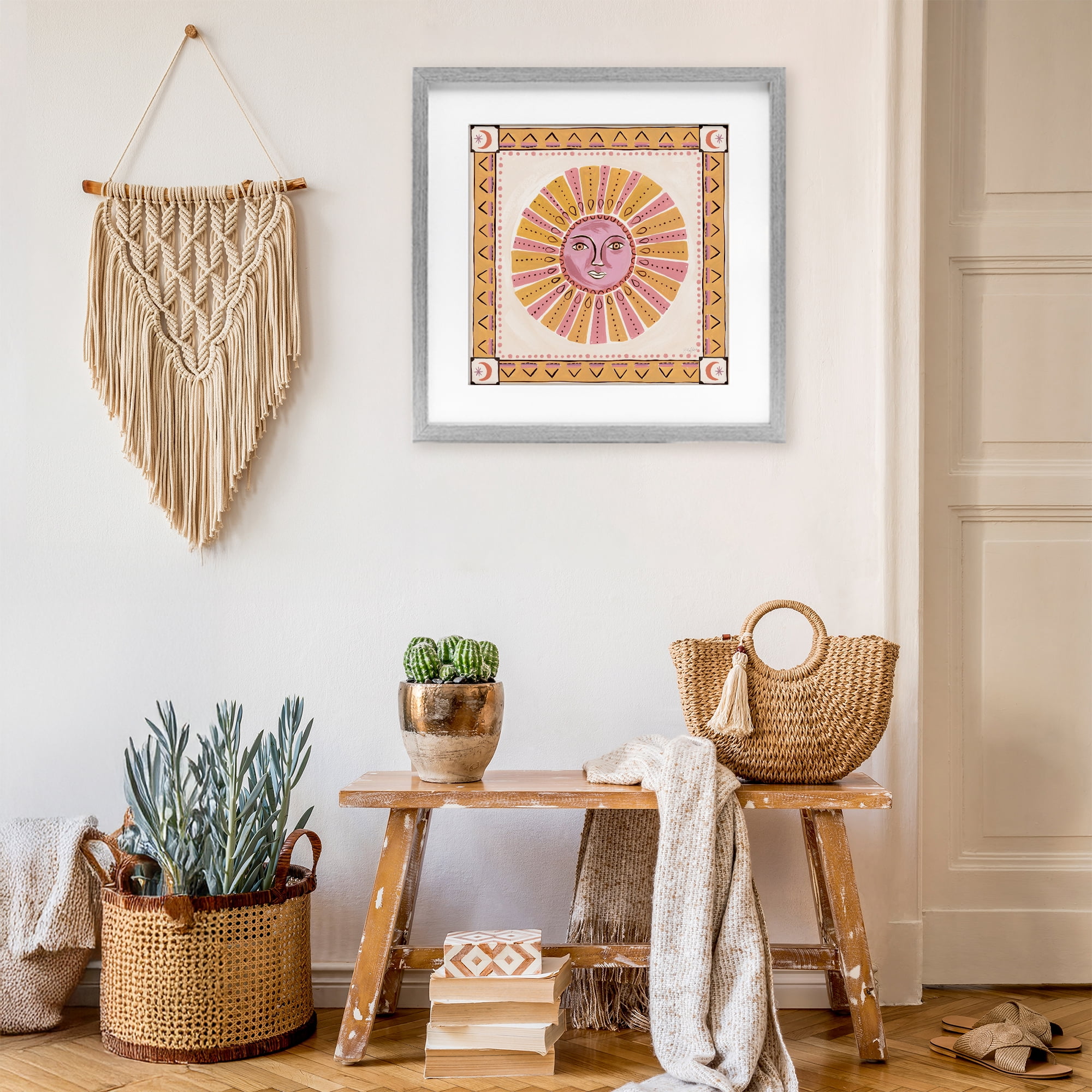 Stupell Industries Pink Sun Face with Geometric Border Gray Framed Print Under Glass, design by Two If By Sea Studios