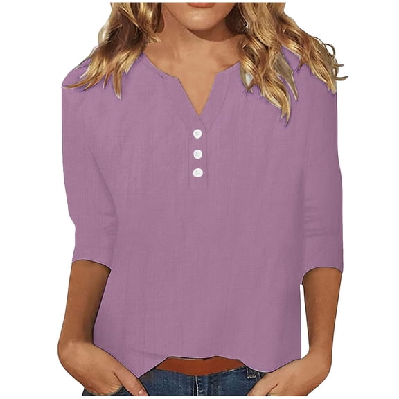 Summer Cotton Linen Shirts for Women 2026 Casual 3/4 Sleeve Tunic Tops Summer Beach Vacation Fashion T-Shirts