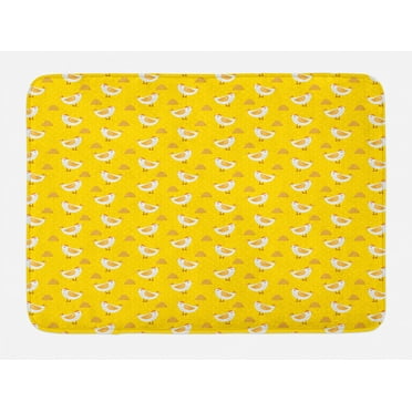 Polka Dot Bath Mat, Pattern with Cartoon Chicken and Haystack on Yellow Background, Plush Bathroom Decor Mat with Non Slip Backing, 29.5" X 17.5", Earth Yellow Yellow, by Ambesonne