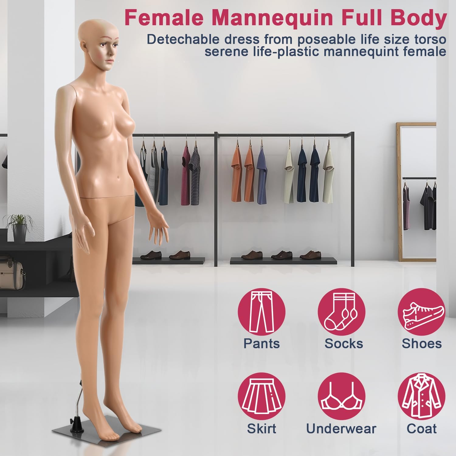 Dkelincs Female Mannequin Torso 69" Full Body Realistic Manikin Adjustable Sewing Dress Form Model Display with Metal Base