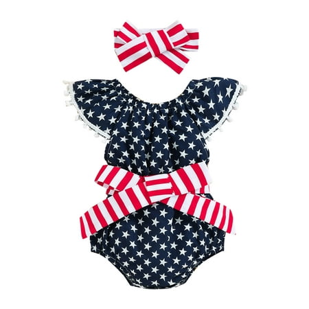 

ZHAGHMIN Baby Sleepers 0-3 Months Girls Tassels Fly Sleeve Independence Day Striped Printed Romper 4Th Of July Bowknot Bodysuits Headbands Dance Leotards For Girls 5-6 12 Month Girl Summer Clothes B