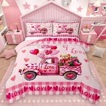 Homewish Floral Pink Truck 2pcs Bedding Comforter Set For Adults Boys Girls,Happy Valentine'S Day Twin Comforter Sets,Geometric Plaid Grid Breathable Bedding Set,Lightweight Room Decor,Reversible