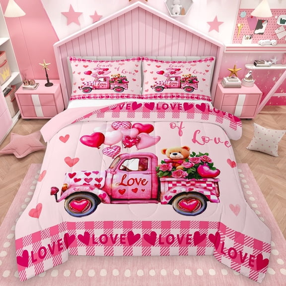 Homewish Floral Pink Truck 2pcs Bedding Comforter Set For Adults Boys Girls,Happy Valentine'S Day Twin Comforter Sets,Geometric Plaid Grid Breathable Bedding Set,Lightweight Room Decor,Reversible