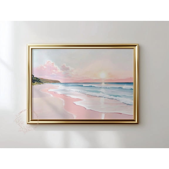 Pink Beach Sunset Print, Coastal Landscape, Beach House Art Home Decor UNFRAMED Poster, Wall Art for Decor, Present, 8x12