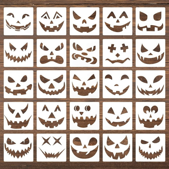 SAVITA 25 PCS 5.1''x5.1'' Halloween Plastic Pumpkin Face Stencils Large Reusable Halloween Drawing Templates Decorative Pumpkin Face Stencils for Painting Spraying Carving Wood Wall Door Glass Window