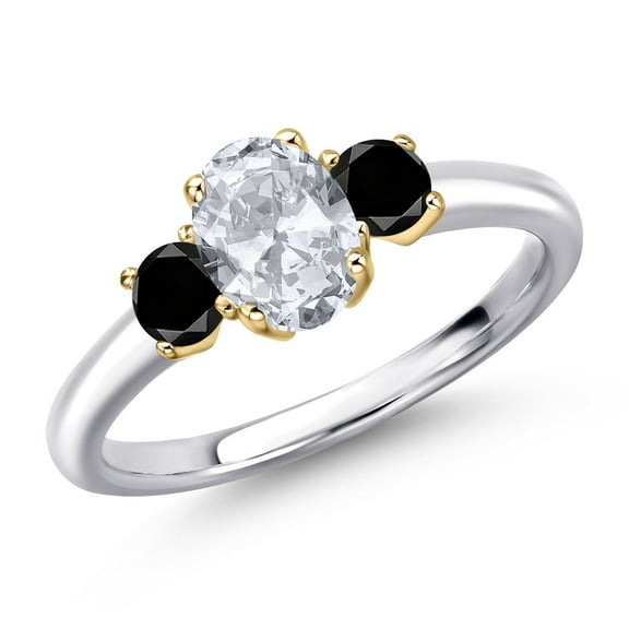 Gem Stone King 925 Silver and 10K Yellow Gold White Topaz and Black Diamond Engagement Ring for Women | 1.34 Cttw | Oval 7X5MM | Gemstone November Birthstone | Size 9