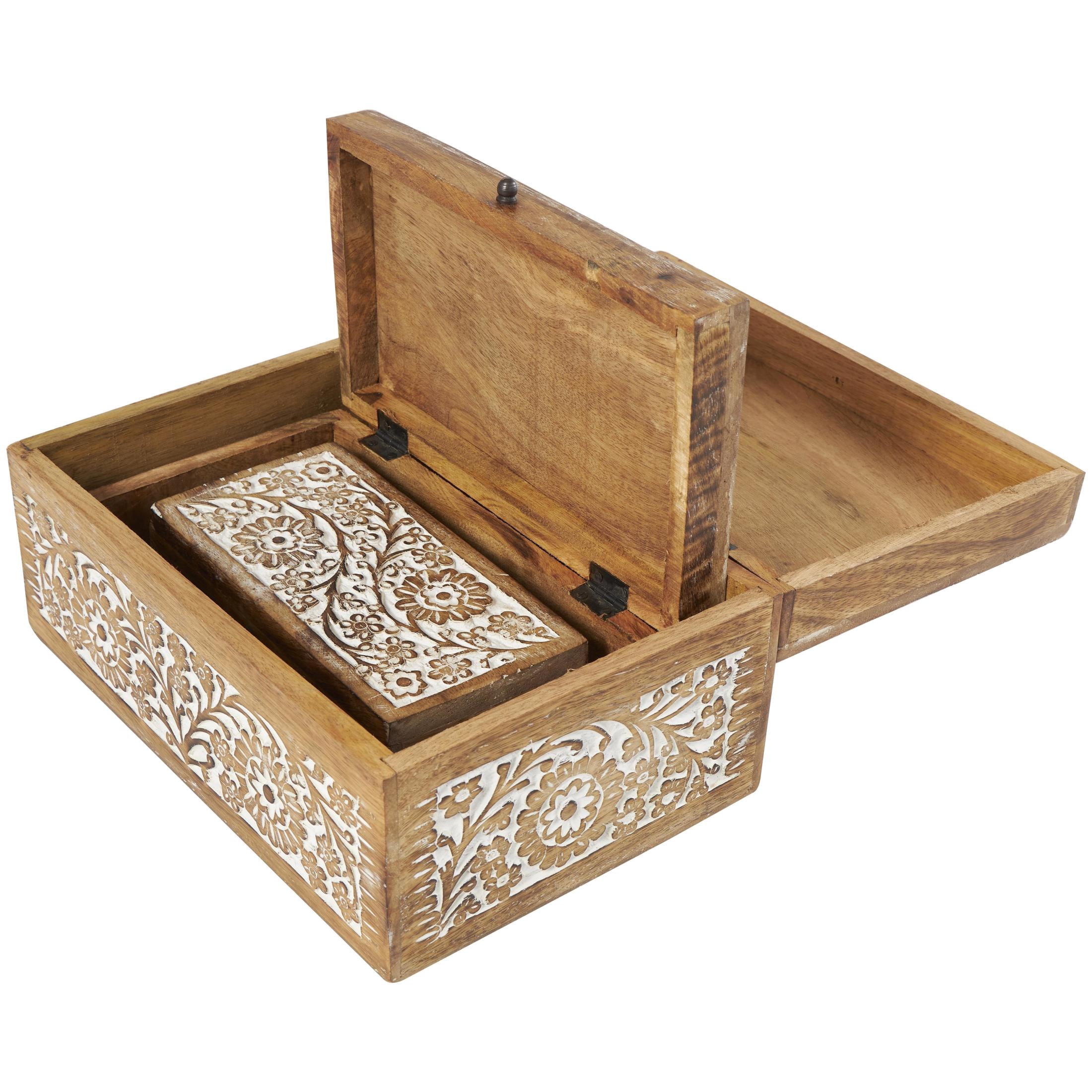 DecMode Coastal Carved Flower Wooden Decorative Box with Natural Brown Finish, Set of 3 8" , 10", 12"H