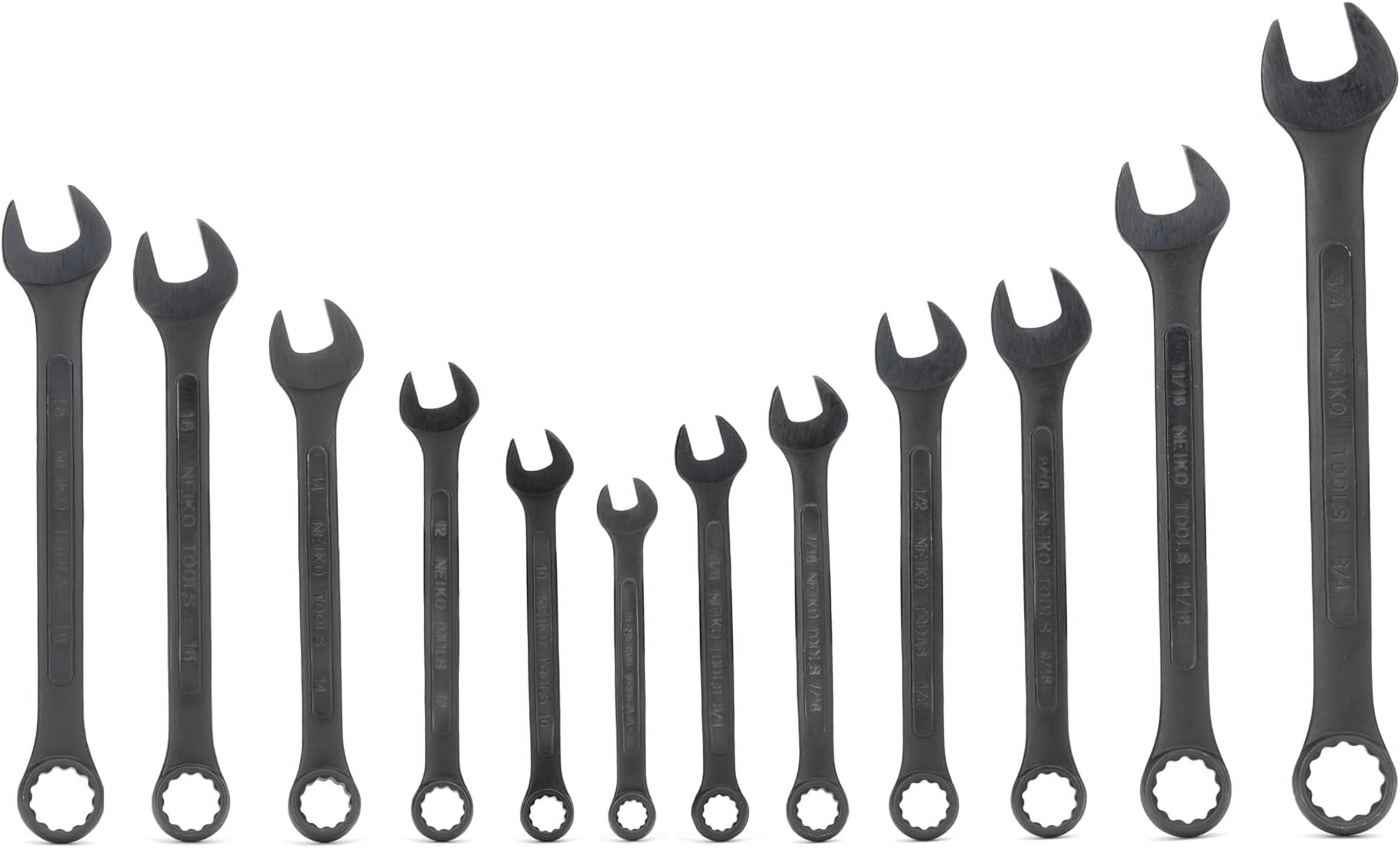 NEIKO 03582A Combination Wrench Set, 12 Pc Raised Panel Combo Wrenches Set, Metric and Standard, Black Oxide Drop Forged Carbon Steel, Mechanic Open End Wrench Set, Small Box End Wrench Set SAE & MM