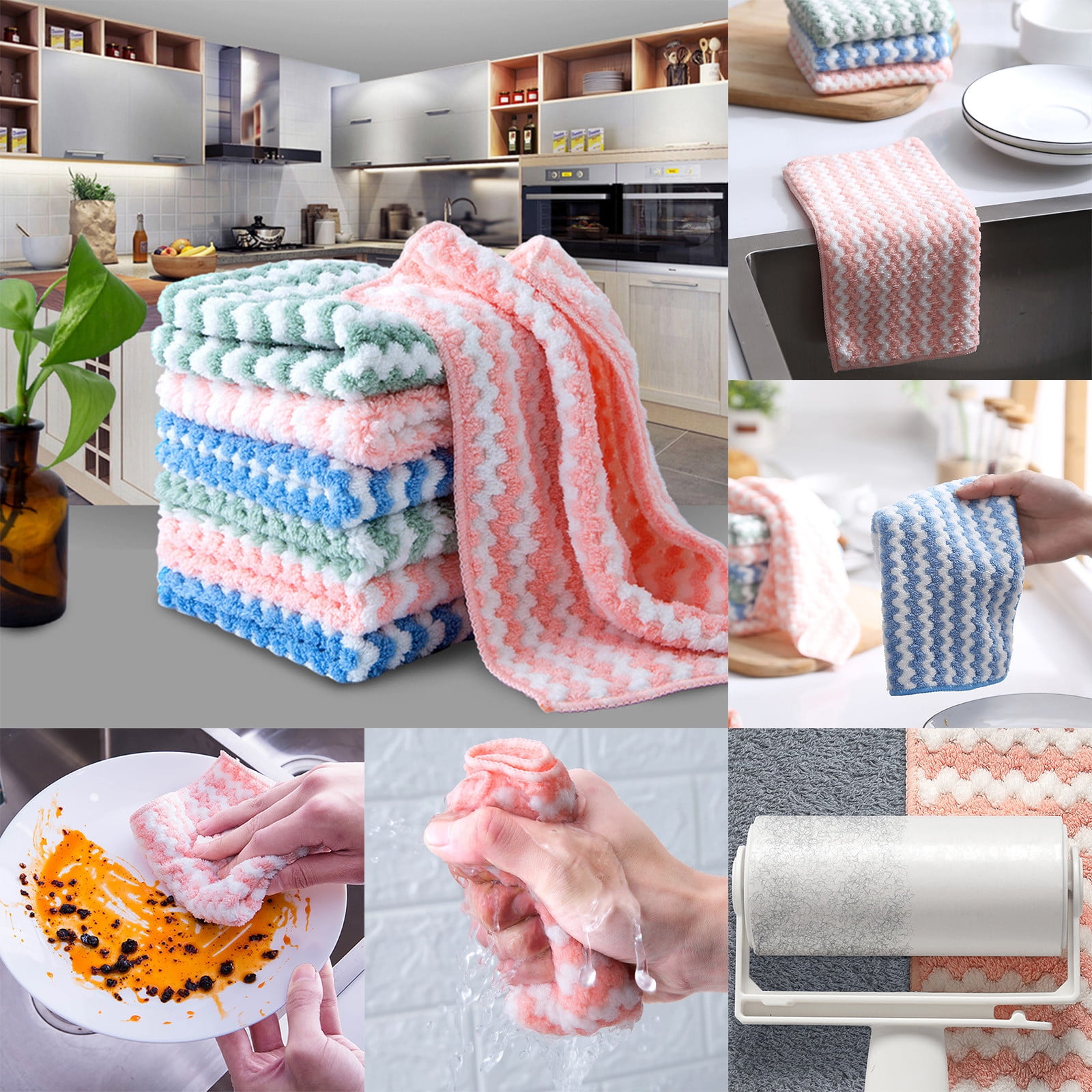 Tangnade Kitchen towel 12 Pieces Of Household Kitchen Non-Sticky Oily  Absorbent Thick Striped Coral Fleece Dish Towel multicolor - Walmart.com