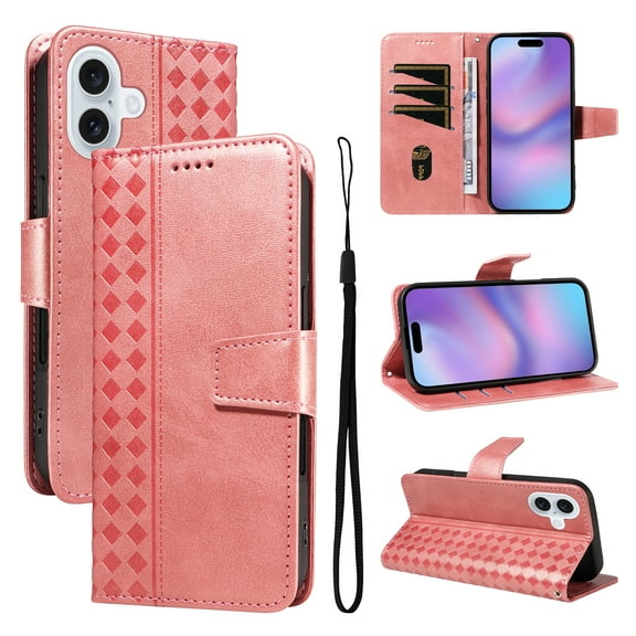 for iPhone 17 Wallet Case, PU Leather Flip Cover with Kickstand, Magnetic Closure Wrist Strap 3 Card Slots & 1 Cash Pocket Shockproof Full Body Protection for iPhone 17, Rosegold