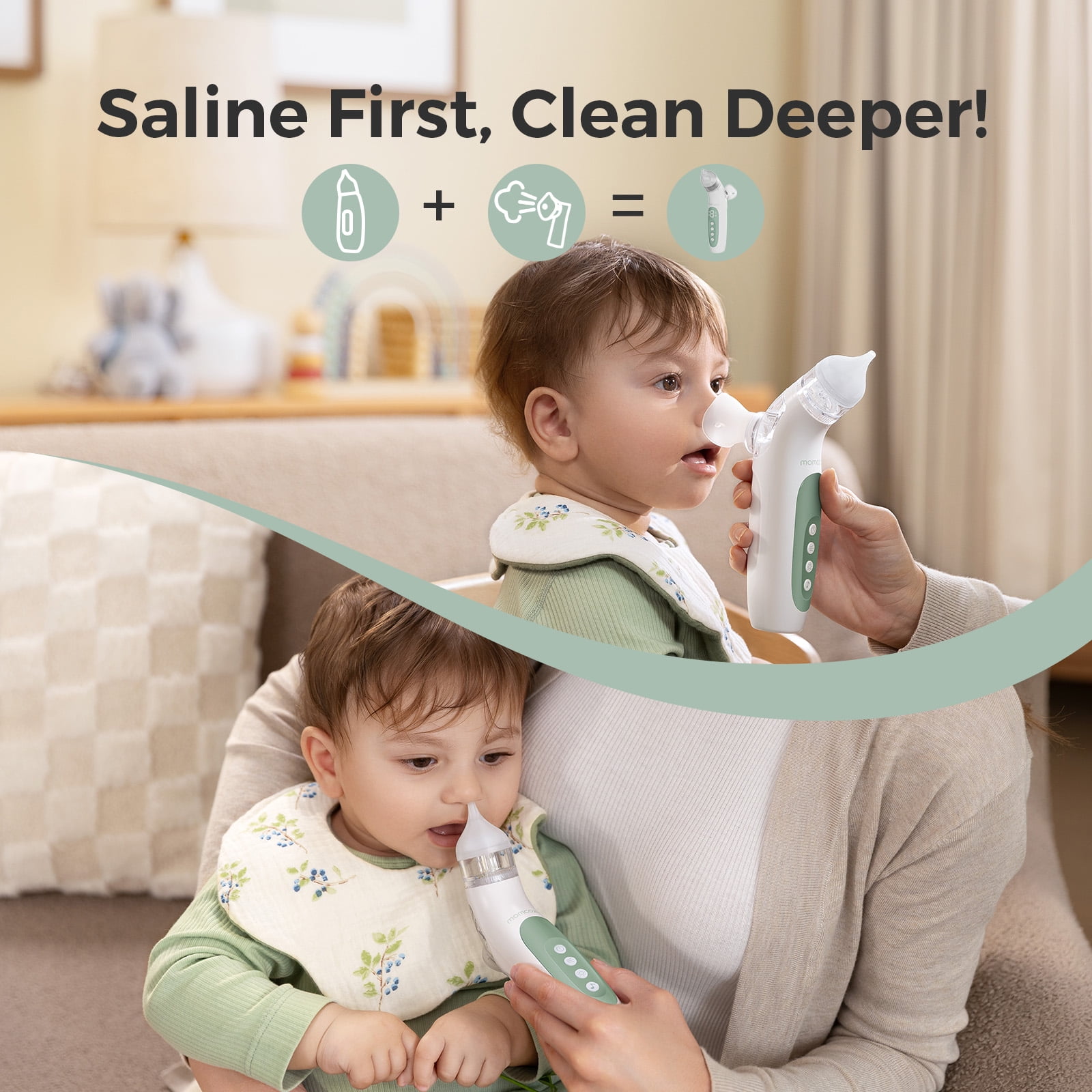 Momcozy BreezyClear™ 2-in-1 Electric Nasal Aspirator with Spray, Nasal Aspirator for Baby, 65kPa Nose Sucker with 4 Adjustable Suction Levels, Portable Electric Nose Cleaner, Light & Music Soothing