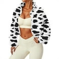 thumbnail image 5 of Zando Women Oversized Full Zip Fleece Jacket Long Sleeve Sherpa Crop Coat with Drawstring Hem Cow Print L, 5 of 8