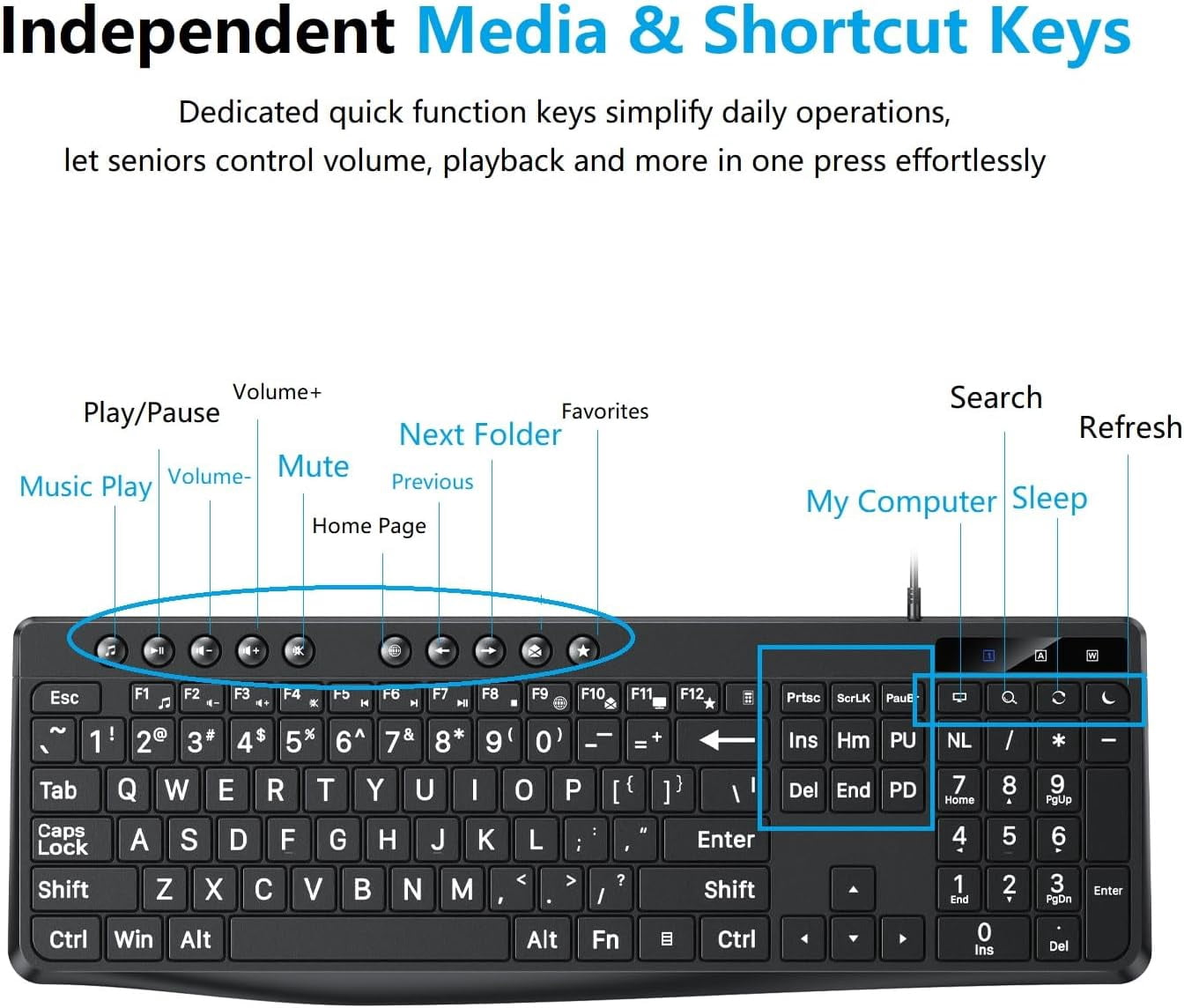 Large Print Computer Keyboard Wired with Stable Connection, Numeric Keypad, Type-C and USB A Dual Interface, Easy to See Type Big Letters for Windows, PC, Laptop